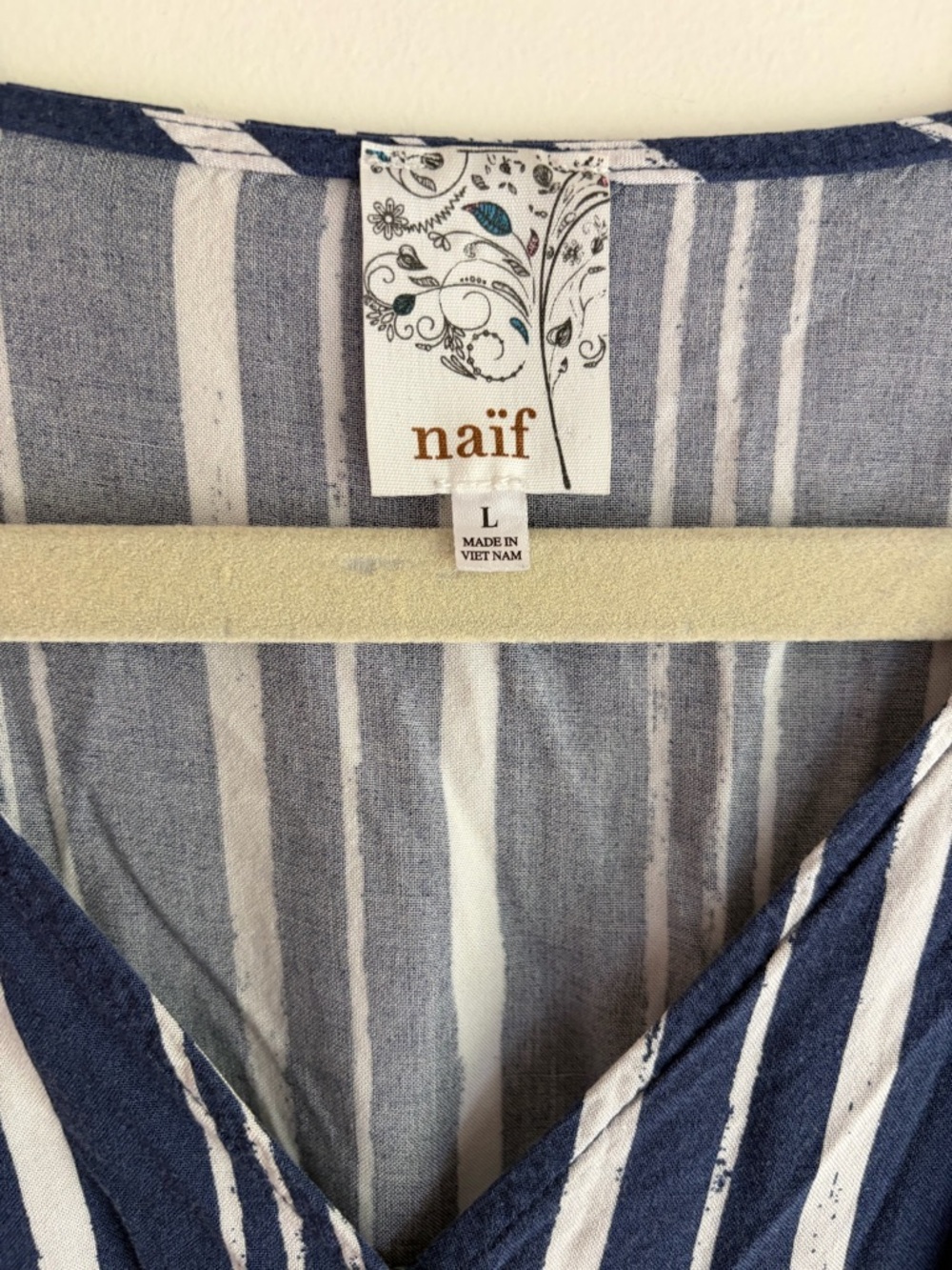 Naif Navy Blue and White Striped Wrap Front Belted Ruffle Dress Size L - Picture 5 of 7